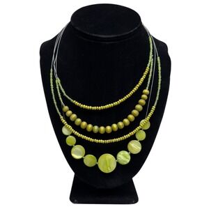 Layered Silver Tone Wire Glass Beaded Necklace Green Statement Jewelry 9 in L